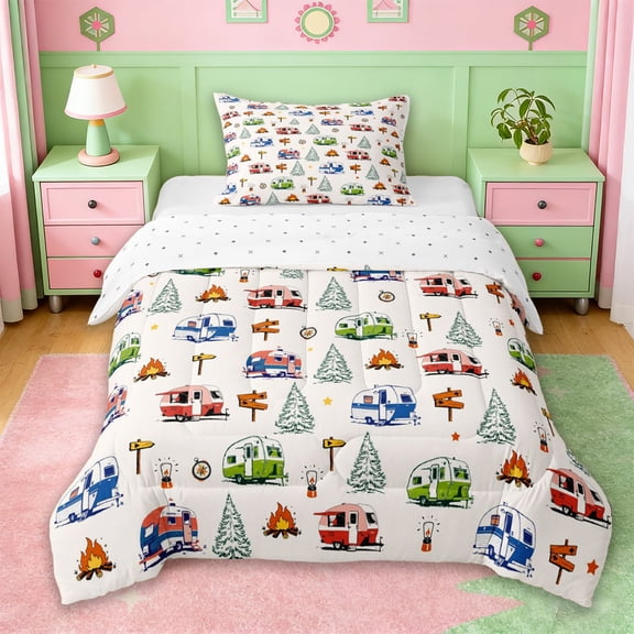 Erosebridal Colorful Camping Camper Twin Comforter Sets For Kids,Boys Rustic Adventure Bedding Set,Reversible,2-Piece
