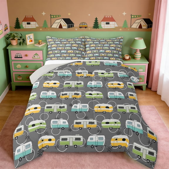 Erosebridal Colorful Camping RV Queen Comforter Set For Travel Trailers,Cartoon Camper Bedding Comforter Set For Kids,Reversible lightgray,3-Piece