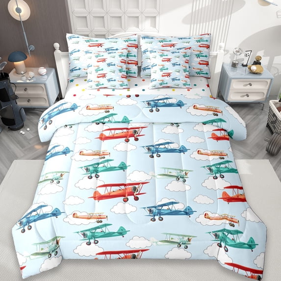 Erosebridal Colorful Cartoon Airplane 7-Piece Bedding Comforter Set,Multicolor Aircraft Theme King Bedding Sets For Boys Kids,Reversible