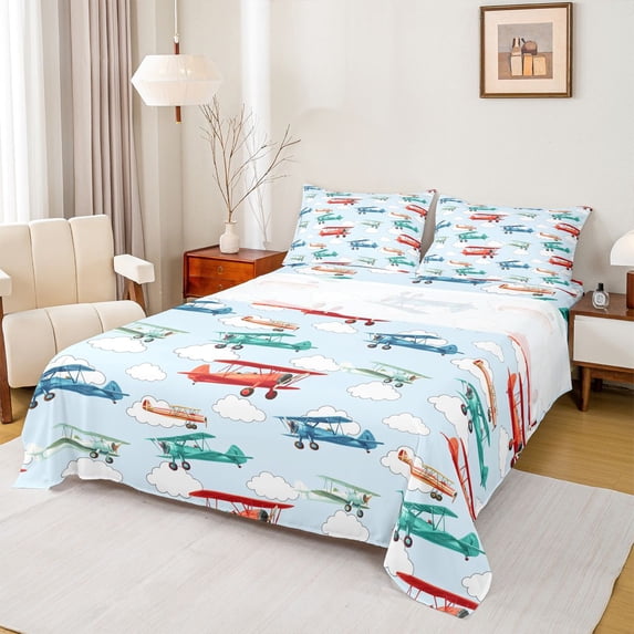 Erosebridal Colorful Cartoon Airplane Bed Sheets,Multicolor Aircraft Theme King Sheets For Boys Kids 4pcs