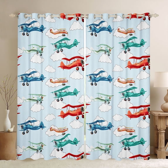 Erosebridal Colorful Cartoon Airplane Blackout Curtains Set of 2 (52x84 Each),Multicolor Aircraft Theme Window Curtains For Boys Kids