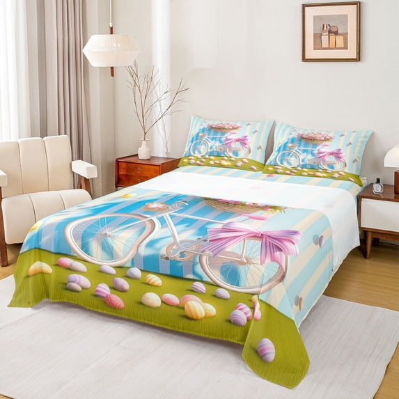 Erosebridal Colorful Cartoon Easter Eggs Kids Queen Sheet Sets,Pink Bowknot Cute Blossom Flowers Bed Set For Girls 4-Piece