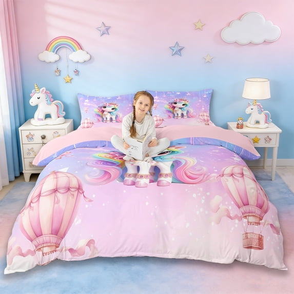 Erosebridal Colorful Cartoon Unicorn Girls Queen Duvet Cover Set,Pink Hot Air Balloon Bedding For Kids,Reversible Pink 3-Piece,No Comforter