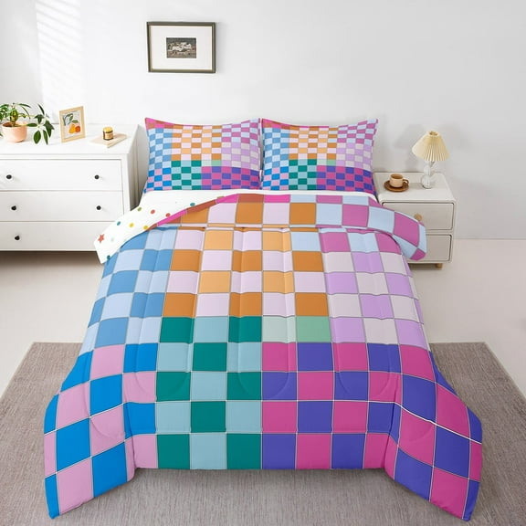 Erosebridal Colorful Checkered Comforter Set Twin Rainbow Checkerboard Grid Bedding Set Blue Pink Purple Ombre Plaid Quilt Set Women,Geometric Groovy Aesthetic Duvet Set