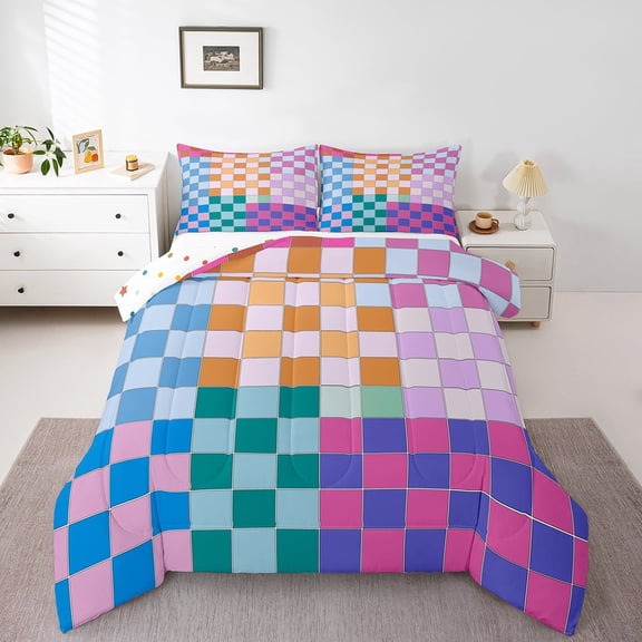 Erosebridal Colorful Checkered Comforter Set Twin Rainbow Checkerboard Grid Bedding Set Blue Pink Purple Ombre Plaid Quilt Set Women,Geometric Groovy Aesthetic Duvet Set