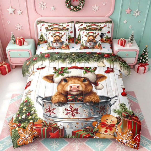 Erosebridal Colorful Christmas Tree 7 Pieces Full Size Bedding Sets,Retro Highland Cow Full Size Bed in a Bag,Polkadot Reversible