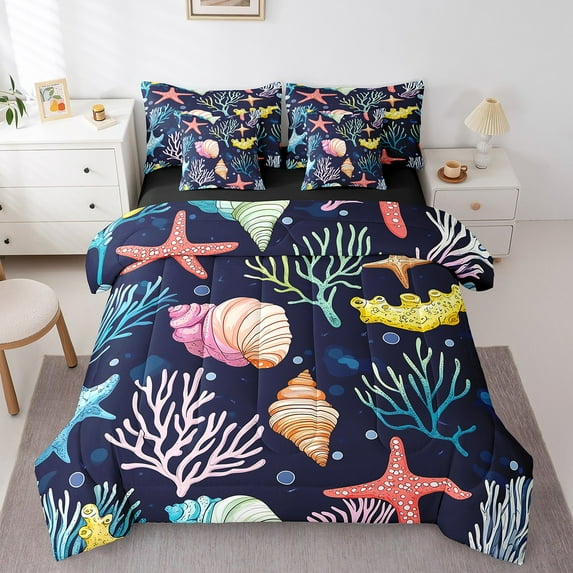 Erosebridal Colorful Conch Starfish Bedding Sets Twin Size, Underwater World Coral Comforter Sets with Sheets, Reversible 7-Piece