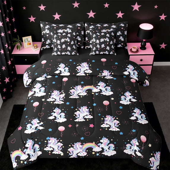 Erosebridal Colorful Cute Unicorn Rainbow 7pcs Bedding Comforter Set,Multicolor Loves Stars Queen Bedding Sets For Kids Girls,Reversible Black