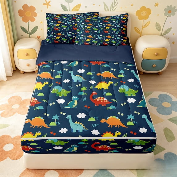 Erosebridal Colorful Dino Print Zipper Twin Comforter Sets with Fitted Sheet and 2 Pillowcases,Kawaii Cartoon Animals Zipper Bedding Set For Boys,Navy Blue Reversible,4 Pieces