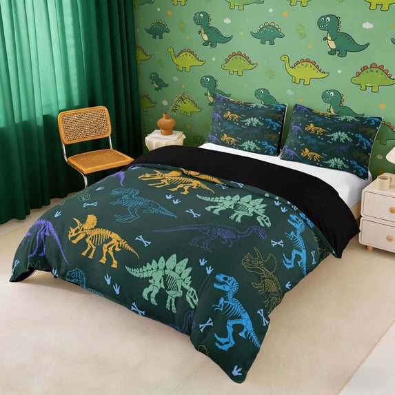 Erosebridal Colorful Dino Queen Duvet Cover Set for Kids, Dinosaur Print Bedding, Green, Reversible 3pcs 1 Duvet Cover and 2 Pillowcases (No Comforter)