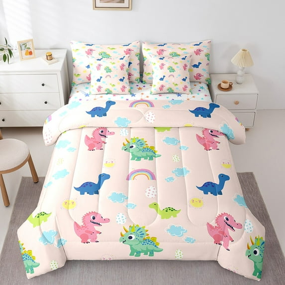 Erosebridal Colorful Dinosaur Bedding Twin Size,Cute Cartoon Animal Comforter Sets with Sheets,Rainbow Clouds Bedding Sets Twin Size For Boys Kids,Super Cozy Bedroom Decorative Reversible,7pcs
