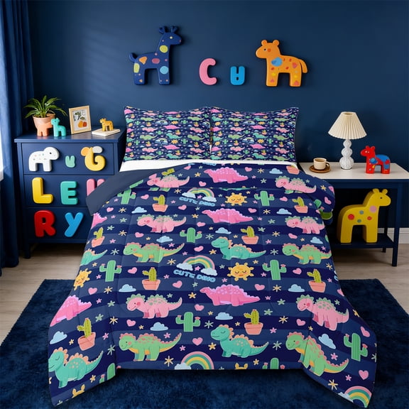 Erosebridal Rainbow Dino Full 3-Piece Reversible Kids Colorful Comforter Set