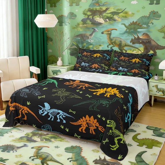 Erosebridal Colorful Dinosaur Queen Sheet Sets for Kids, Black Bed Set, 4pcs (1 Flat Sheet, 1 Fitted Sheet and 2 Pillowcases)