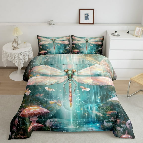 Erosebridal Colorful Dragonfly Comforter Sets Twin Size, Bling Lake Plant Comforters & Duvets, Magic Fariy Tale Decor, Super Cozy