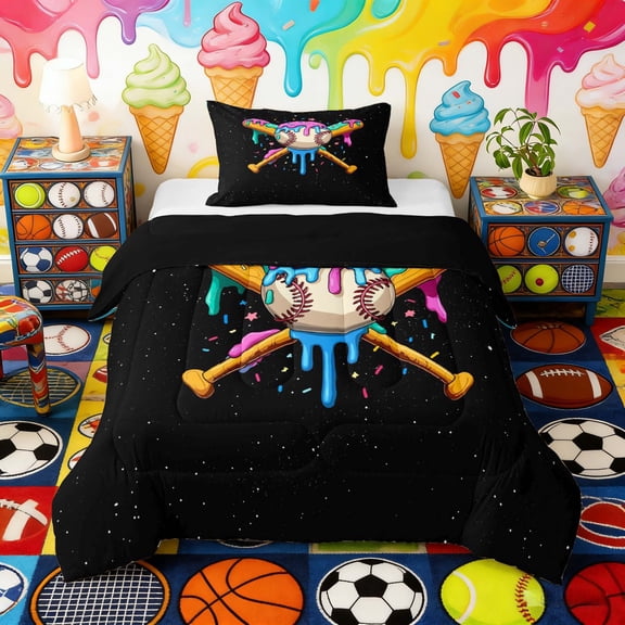 Erosebridal Colorful Drippy Baseball Bat Print Twin Comforter Sets, Fun Sports Bedding Set for Kids Boys and Girls, Black Reversible 2pcs, 1 Comforter and 1 Pillowcase