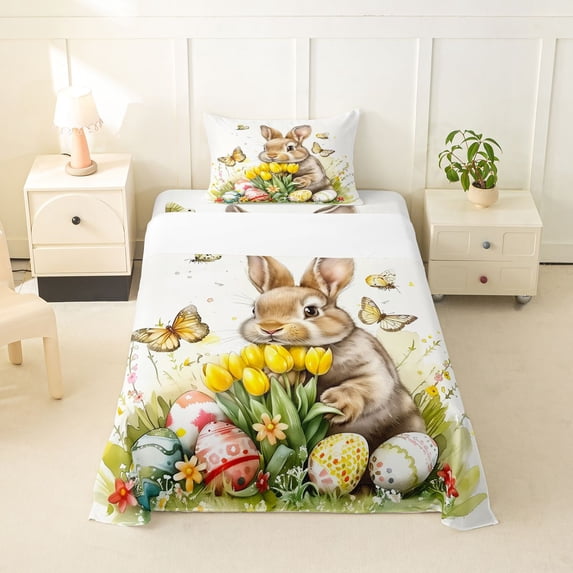 Erosebridal Colorful Easter Egg Kids Twin Sheet Sets,Cute Bunny Rabbit Rustic Butterflies Bedding For Girls 3 Pieces
