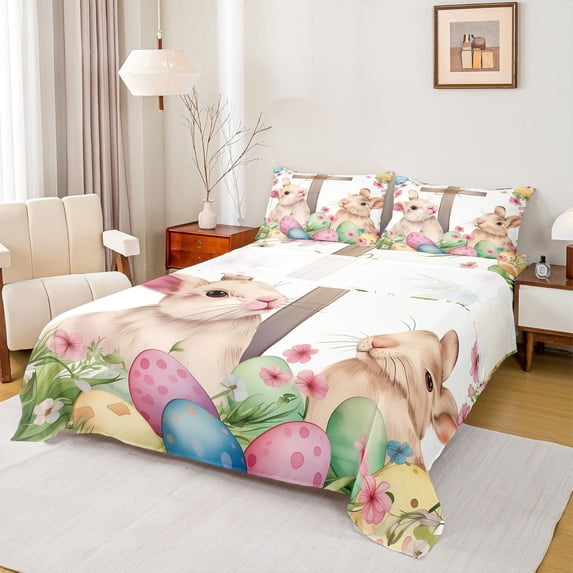 Erosebridal Colorful Easter Eggs Bed Sheets,Cartoon Rabbit Pink Blossom Daisy Kids King Sheets For Girls 4-Piece