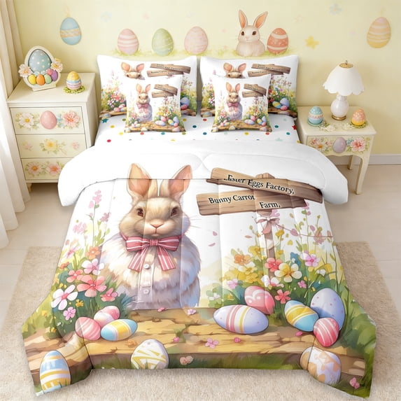 Erosebridal Colorful Easter Eggs Kids 7-Piece Twin Bedding Sets,Rustic Farm Animal Bunny Multicolor Flowers Bedding Comforter Set For Girls Reversible