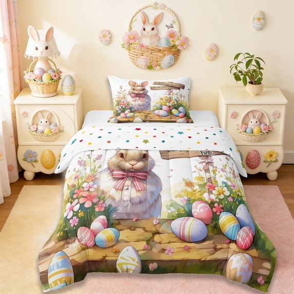 Erosebridal Colorful Easter Eggs Kids Twin Comforter Sets,Rustic Farm Animal Bunny Multicolor Flowers Bedding Set For Girls Reversible 2 Pieces
