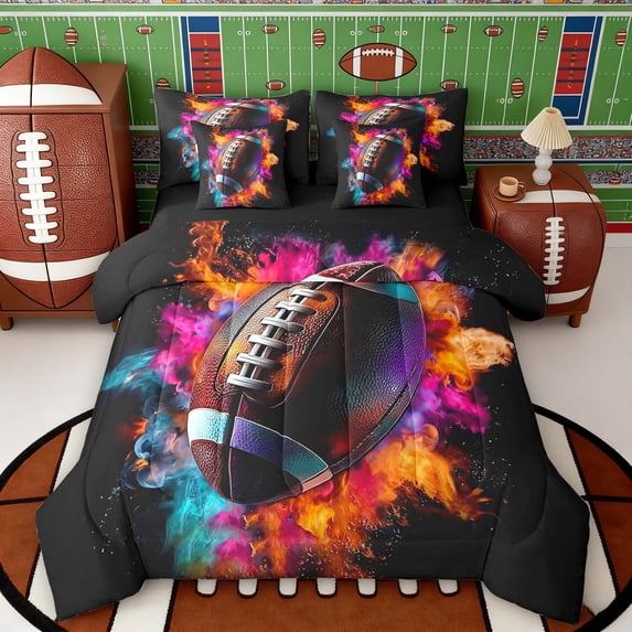 Erosebridal Colorful Fire Football Twin Bedding Sets, Sport Bedding Comforter Set for Boys and Men, Black Reversible 7 Pieces