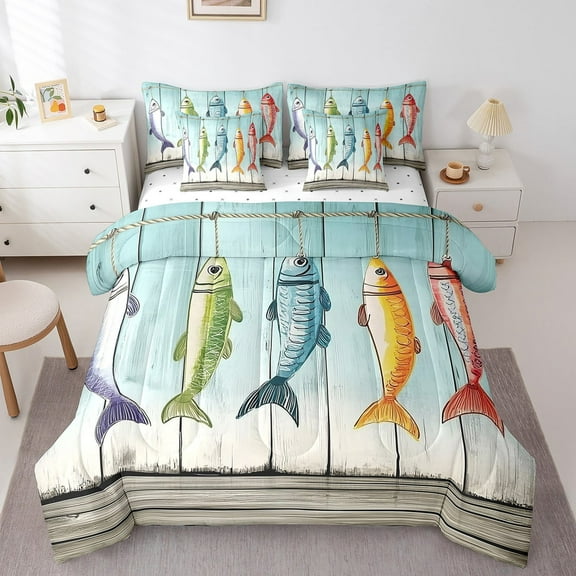 Erosebridal Colorful Fish Bed in a Bag King size, Hunting and Fishing Theme Comforter Sets with Sheets, Reversible 7-Piece