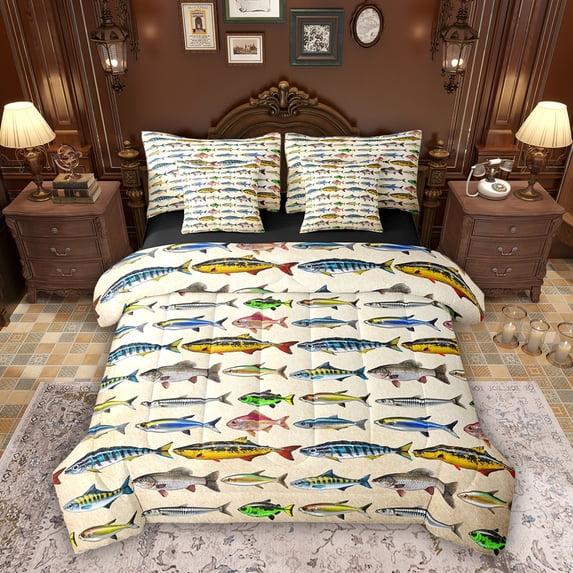 Erosebridal Colorful Fish Bedding Comforter Set, Vintage Fishing Theme Queen Bedding Sets, Black Reversible, 7-Piece