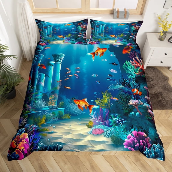 Erosebridal Colorful Fish Duvet Cover Full, Dreamy Underwater World Bedding Sets Full Size, Microfiber 3-Piece (No Comforter)