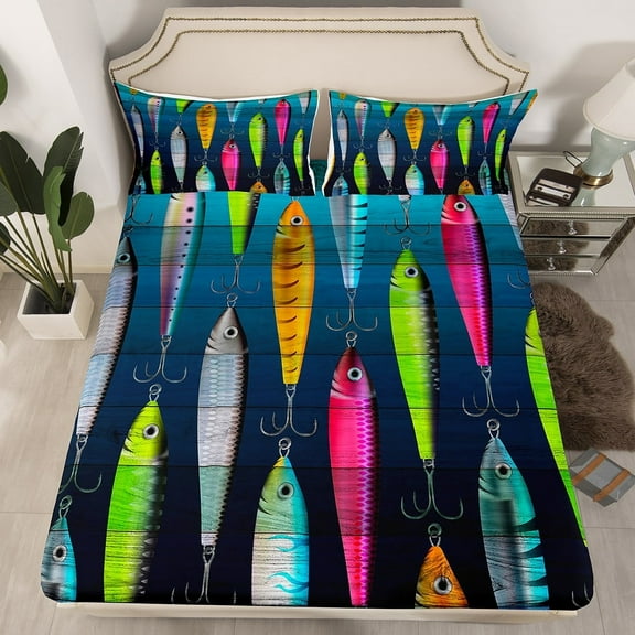 Erosebridal Colorful Fish Fitted Sheet Twin, Fish Hook Fishing Bed Sheets Set Teens, Rustic Farmhouse Sheets Bedroom Decor, Soft Breathable Bedding Set with Pocket, 2 Piece