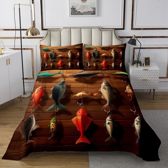 Erosebridal Colorful Fish Quilt Sets for Queen Size Bed,Hunting and Fishing Bed Set,Vintage Bedroom Decor,Lightweight,3pcs