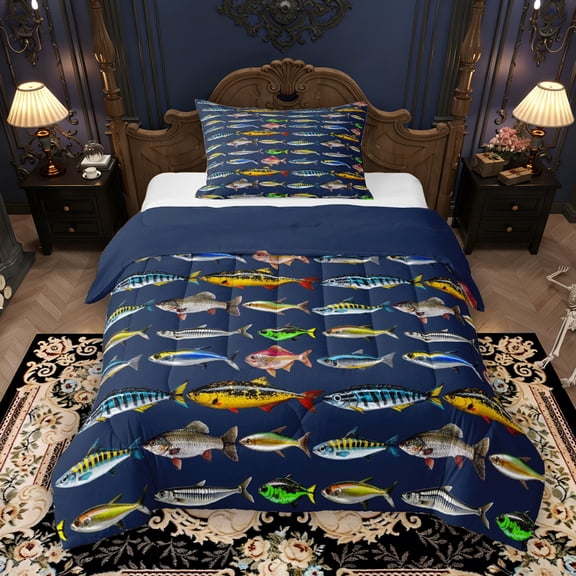 Erosebridal Colorful Fish Twin Comforter Sets, Rustic Farmhouse Fishing Bedding Set, Navy Reversible, 1 Comforter and 1 Pillowcase