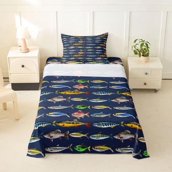 Erosebridal Colorful Fish Twin Sheet Sets, Rustic Farmhouse Fishing Bedding, 1 Flat Sheet, 1 Fitted Sheet and 1 Pillowcase