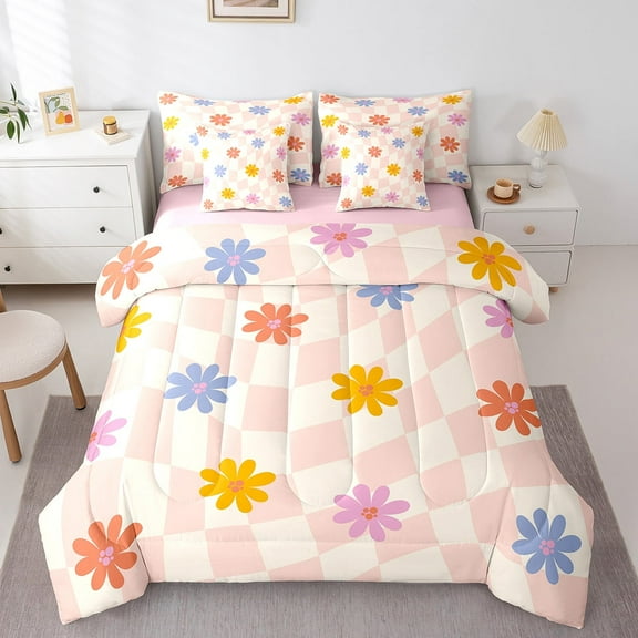 Erosebridal Colorful Floral Bedding Sets Twin Size, Cute Vintage Daisy Comforter Sets with Sheets, Square Geometric Decor, Reversible