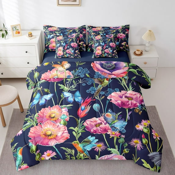 Erosebridal Colorful Flower Bed in a Bag Queen Size,Tropical Botanical Floral Bed Set,Cute Butterfly Birds Bedding Queen Size,Ultra Soft Bedroom Decoration Reversible,7pcs
