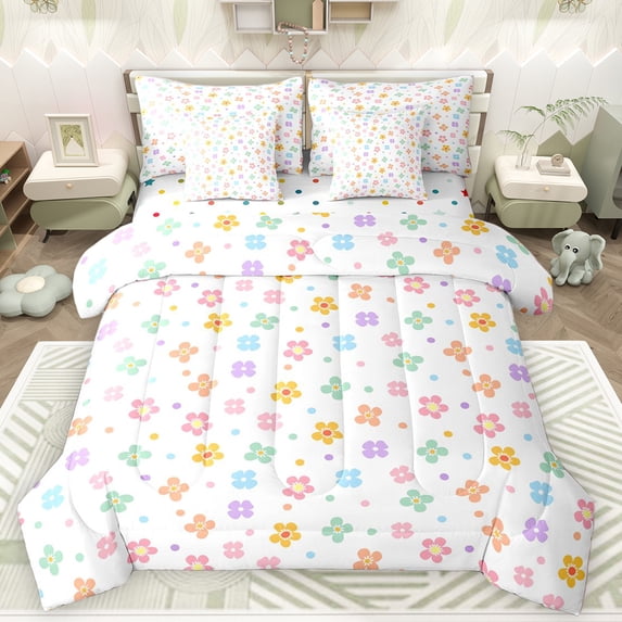 Erosebridal Colorful Flower Bedding Comforter Set for Girls, Rainbow Polka Dots King Bedding Sets, White, Polka Dots Reversible, 7pcs