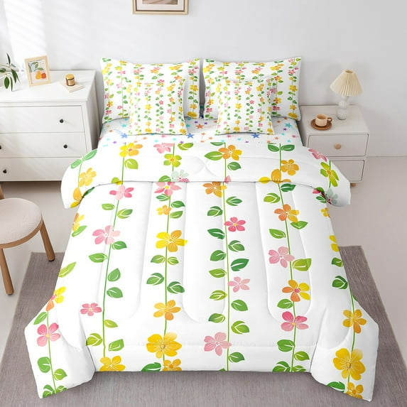 Erosebridal Colorful Flower Blossoms Bedding Sets King Size, Green Leaves Comforter Sets with Sheets, Super Cozy 7 Pieces