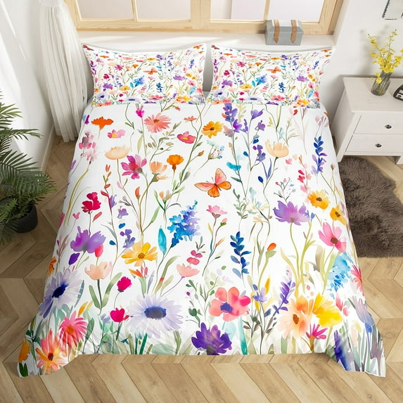 Erosebridal Colorful Flower Comforter Cover , Rainbow Butterfly Bedding Sets King Size, Breathable 3-Piece (No Comforter)