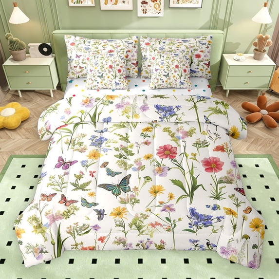 Erosebridal Colorful Flowers Twin Bedding Sets for Girls, Chic Butterfly Bedding Comforter Set, Polka Dots Reversible, 7-Piece