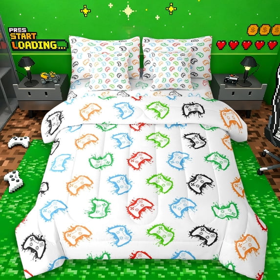 Erosebridal Colorful Gamepad 7-Piece Bedding Comforter Set For Kids Gamer,Gaming Controller Print King Bedding Sets For Boys,Reversible