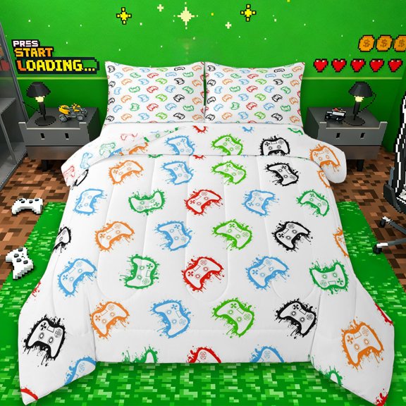 Erosebridal Colorful Gamepad Queen Comforter Set For Kids Gamer,Gaming Controller Print Bedding Comforter Set For Boys,Reversible 3pcs