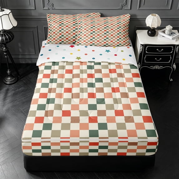 Erosebridal Colorful Geometric Plaid Zipper Twin Comforter Sets with Fitted Sheet and 2 Pillowcases,Multicolor Grid Zipper Bedding Set For Boys,Polkadot Reversible,4pcs
