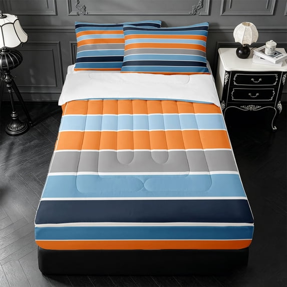 Erosebridal Colorful Geometric Stripes Zipper Twin Comforter Sets with Fitted Sheet and 2 Pillowcases,Orange Blue Lines Zipper Bedding Set For Girls,Reversible,4 Pieces