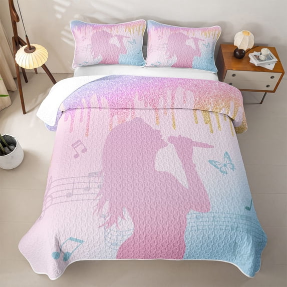 Erosebridal Colorful Glitter Print Twin Quilt Set,Pink Music Girl Silhouette Twin Coverlet Set,2-Piece