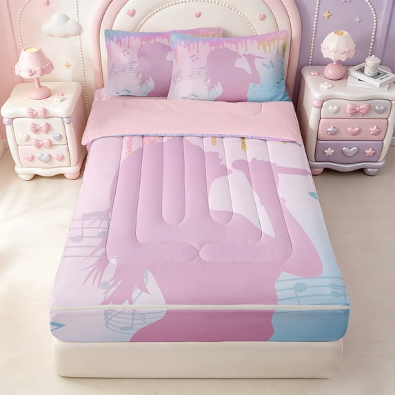 Erosebridal Colorful Glitter Print Zipper Twin Comforter Sets with Fitted Sheet and 2 Pillowcases,Pink Music Girl Silhouette Zipper Bedding Set,Pink Reversible,4 Pieces