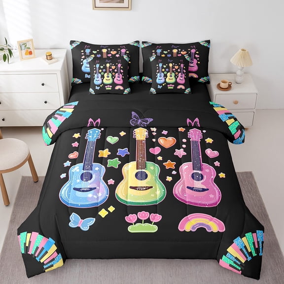 Erosebridal Colorful Guitar Bedding Queen Size, Black Bed Set, Cartoon Rainbow Butterfly Reversible Bedding Sets Queen Size, Microfiber Room Decoration, 7pcs