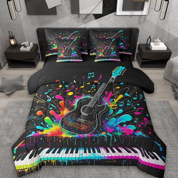 Erosebridal Colorful Guitar Piano Bedding Full Size,Graffiti Hippie Style Bed Set,Music Musical Instrument Bedding Sets Full Size,Ultra Soft Room Decorative Reversible,7pcs