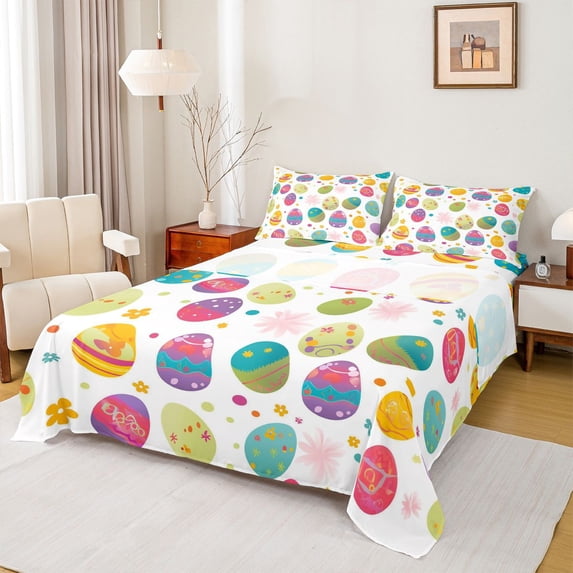 Erosebridal Colorful Happy Easter Eggs Bed Sheets,Rainbow Stars Polka Dots King Sheets For Kids Girls 4pcs