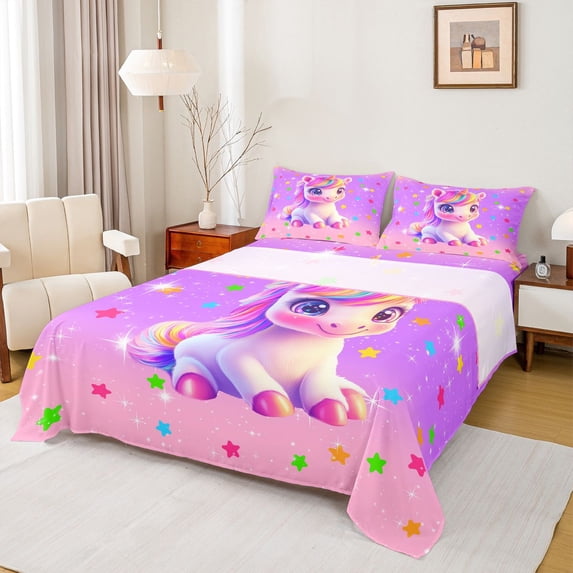 Erosebridal Colorful Kawaii Unicorn Full Size Sheets For Girls,Watercolor Stars Print Kids Bed Sheets 4 Pieces