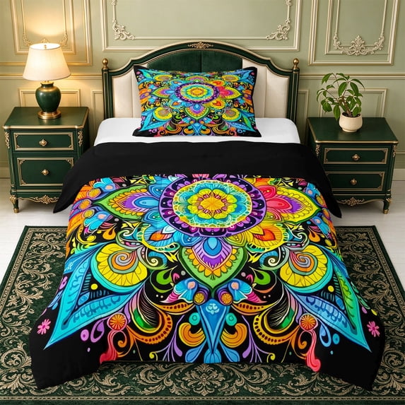 Erosebridal Colorful Mandala Twin Comforter Sets,Black Background Motif Bedding Set,2pcs,1 Comforter and 1 Pillowcase,Black Reversible