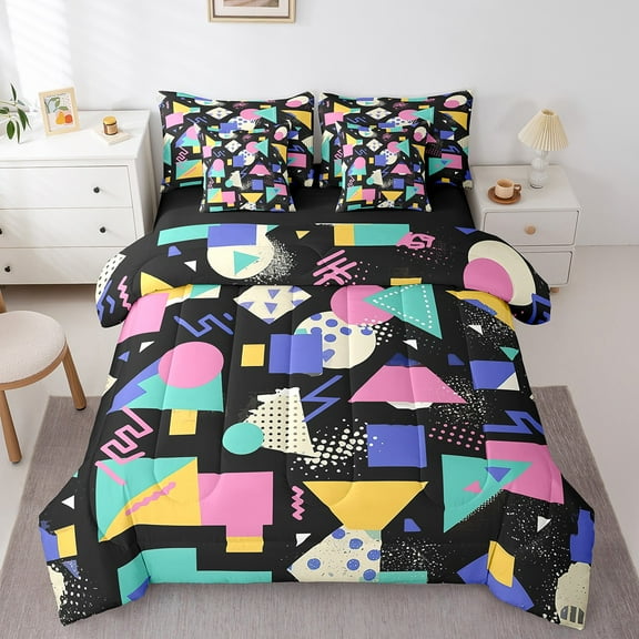 Erosebridal Colorful Memphis Bed in a Bag Full Size, 80s 90s Retro Bed Set, Geometric Triangle Bed Sheets Setp with Comforter, Breathable Bedroom Decor, Reversible 7 Pieces