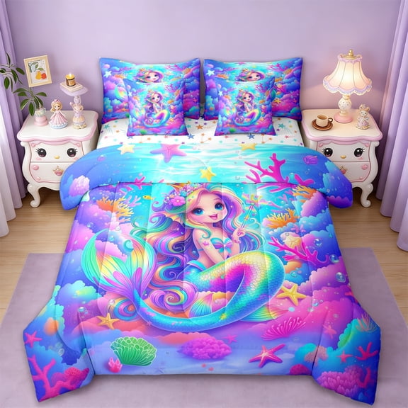 Erosebridal Colorful Mermaid Fishtail 7pcs Bedding Comforter Set,Watercolor Ocean Coral Queen Bedding Sets For Girls,Reversible